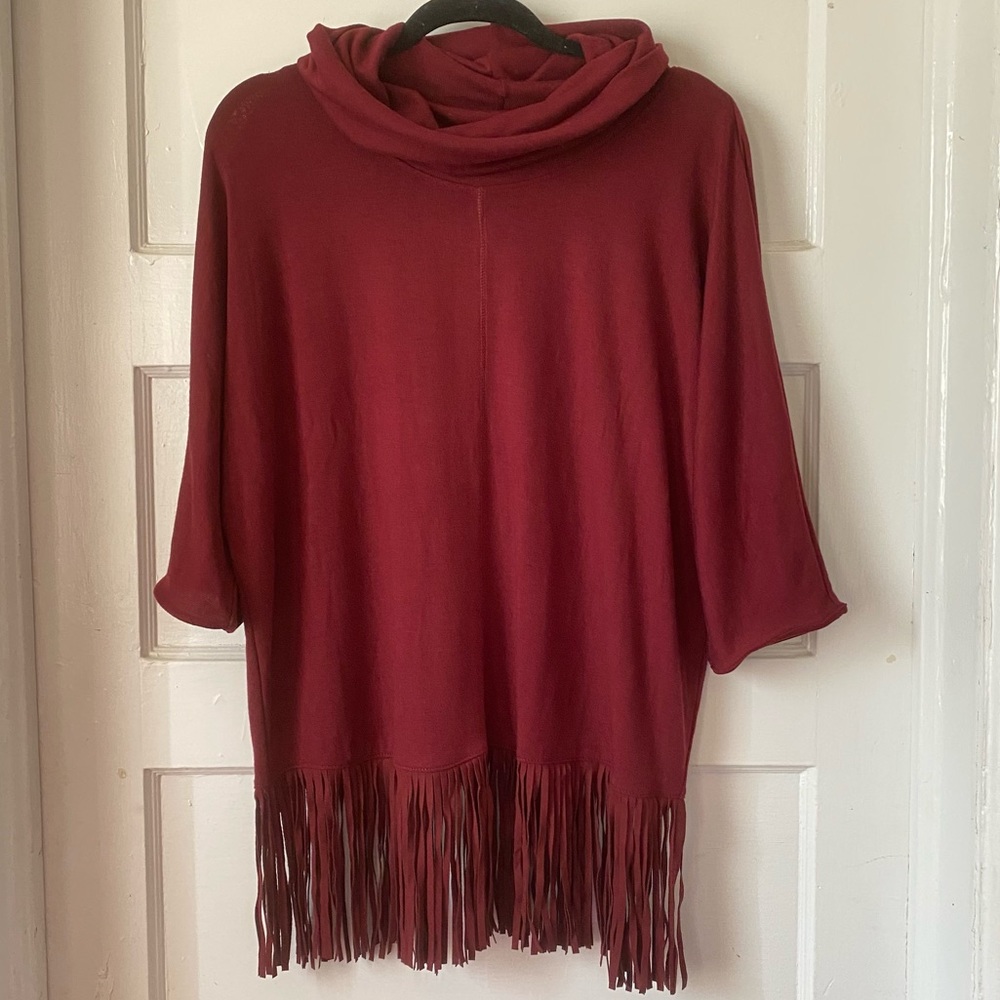 Maroon Turtleneck Sweater Tassel by Terre Blue Size Medium 3/4 Sleeve Tunic NWT